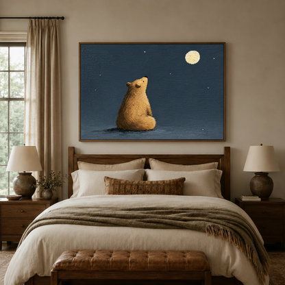 Whimsical bear and moon wall art above a cozy wooden bed