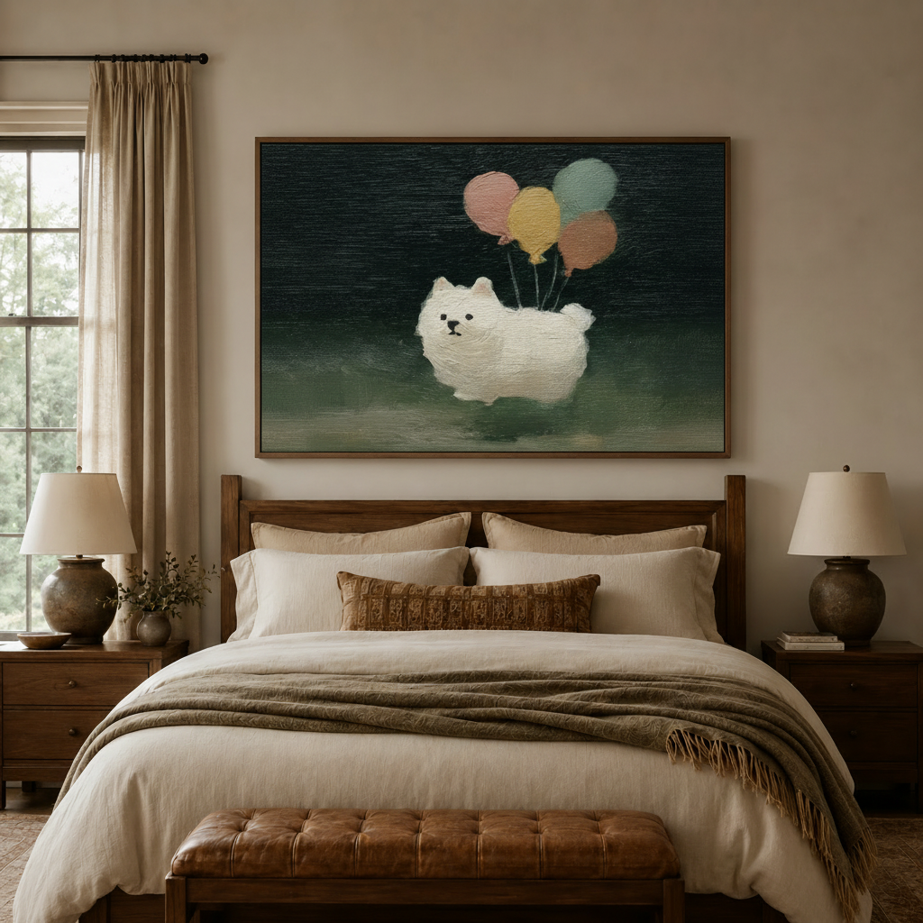 Framed whimsical dog balloon wall art displayed above bed in cozy neutral bedroom with soft ambient lighting