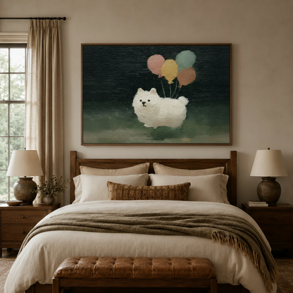 Framed whimsical dog balloon wall art displayed above bed in cozy neutral bedroom with soft ambient lighting
