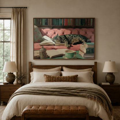Dark walnut framed cat canvas art above bed in cozy neutral bedroom with warm lighting