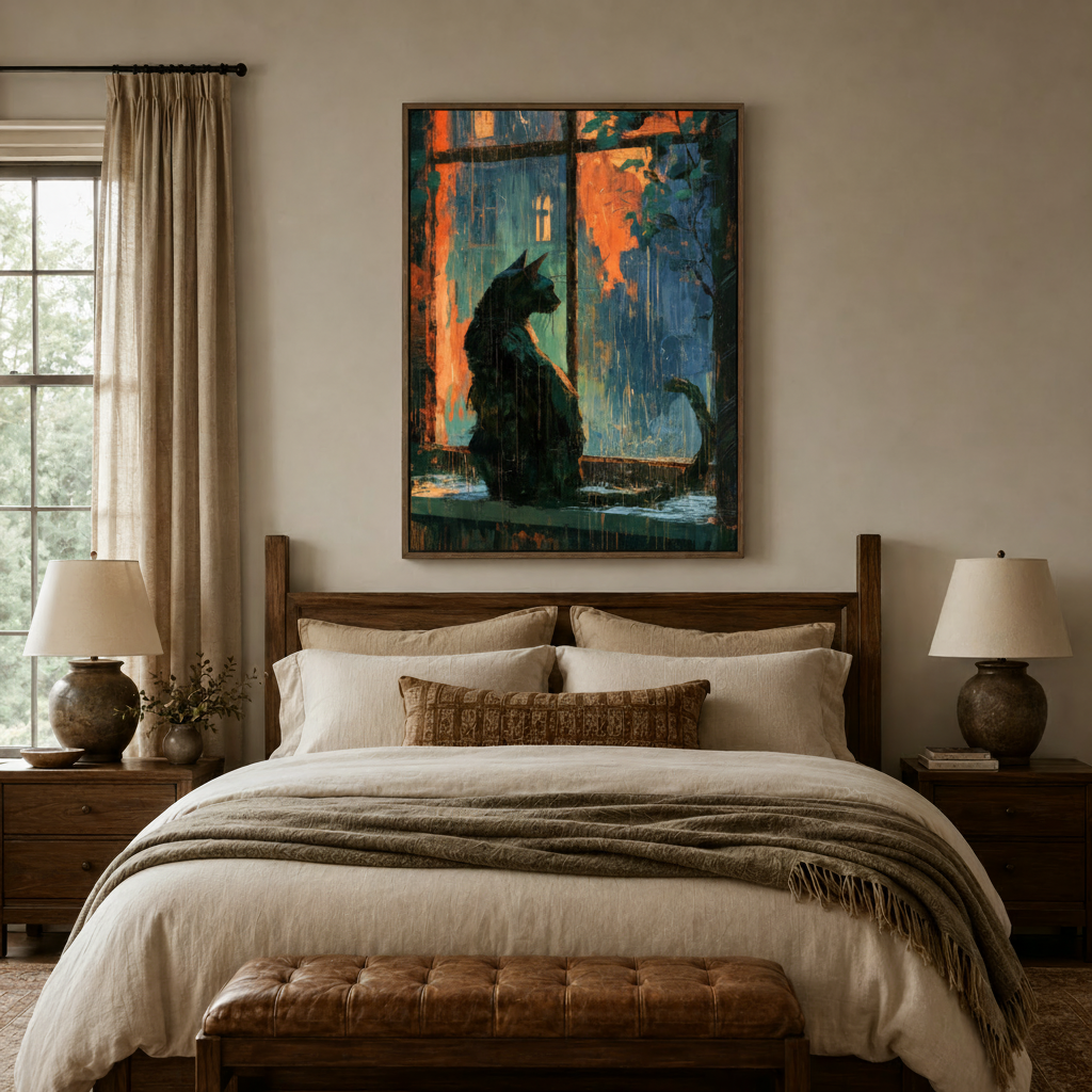 Impressionist black cat canvas wall art above wooden bed frame in cozy farmhouse bedroom
