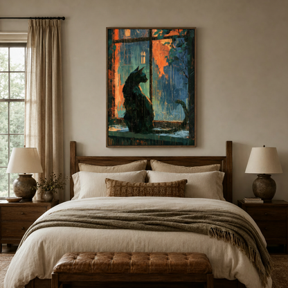 Impressionist black cat canvas wall art above wooden bed frame in cozy farmhouse bedroom