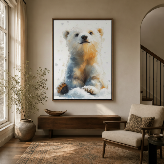 Framed baby polar bear watercolor canvas painting hung in warm neutral entryway beside staircase
