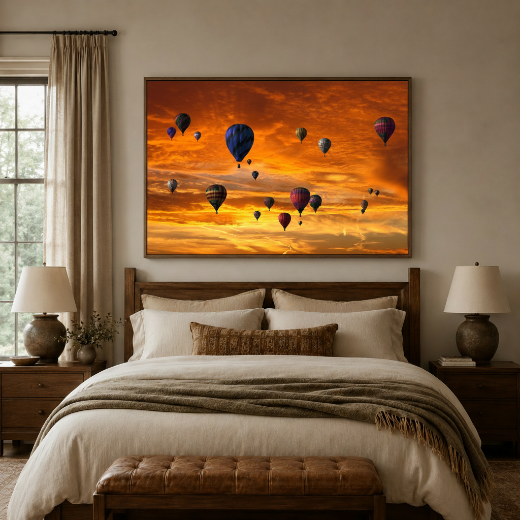 Framed hot air balloon canvas art above bed in a rustic farmhouse bedroom setting