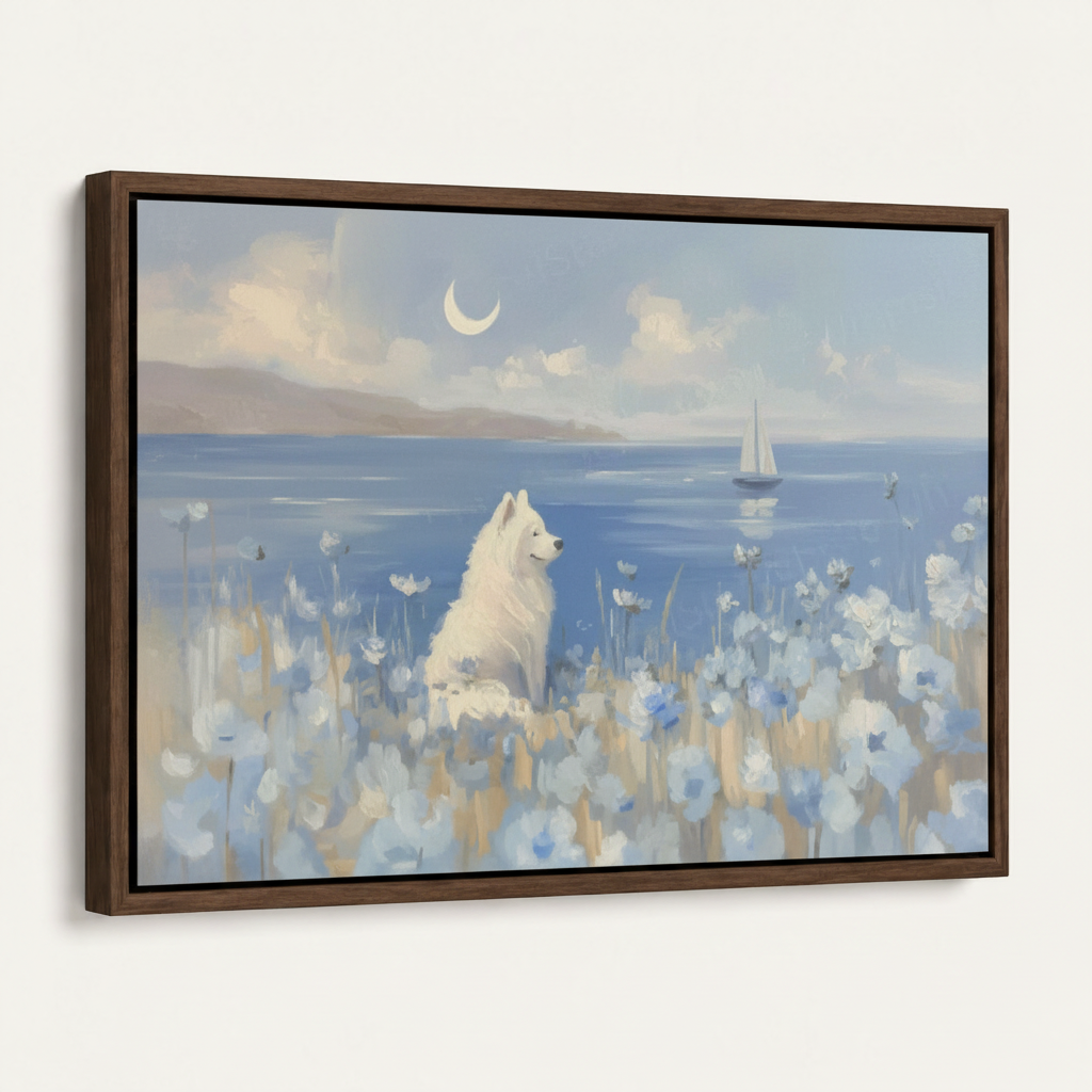 Impressionist Samoyed wildflower canvas in dark walnut float frame on white background