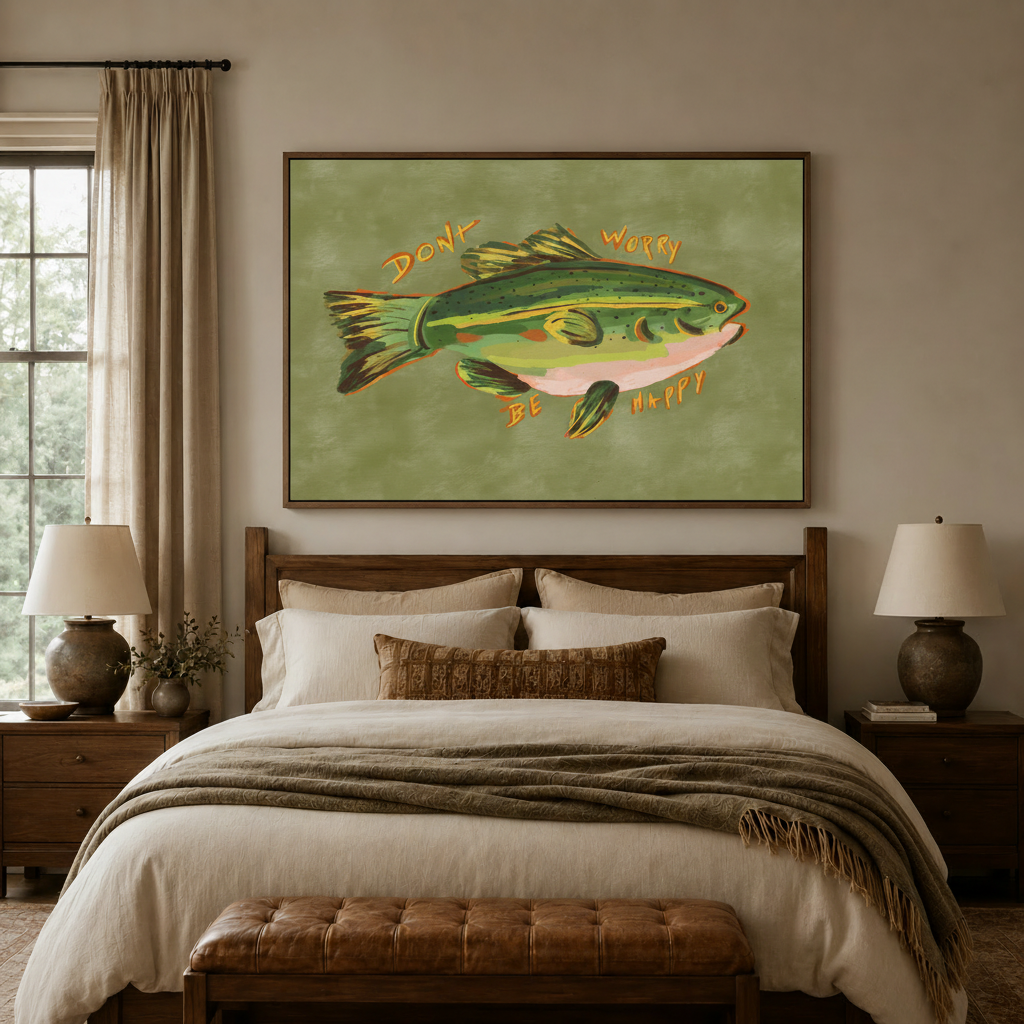 Framed folk art fish painting above bed in warm earthy bedroom interior