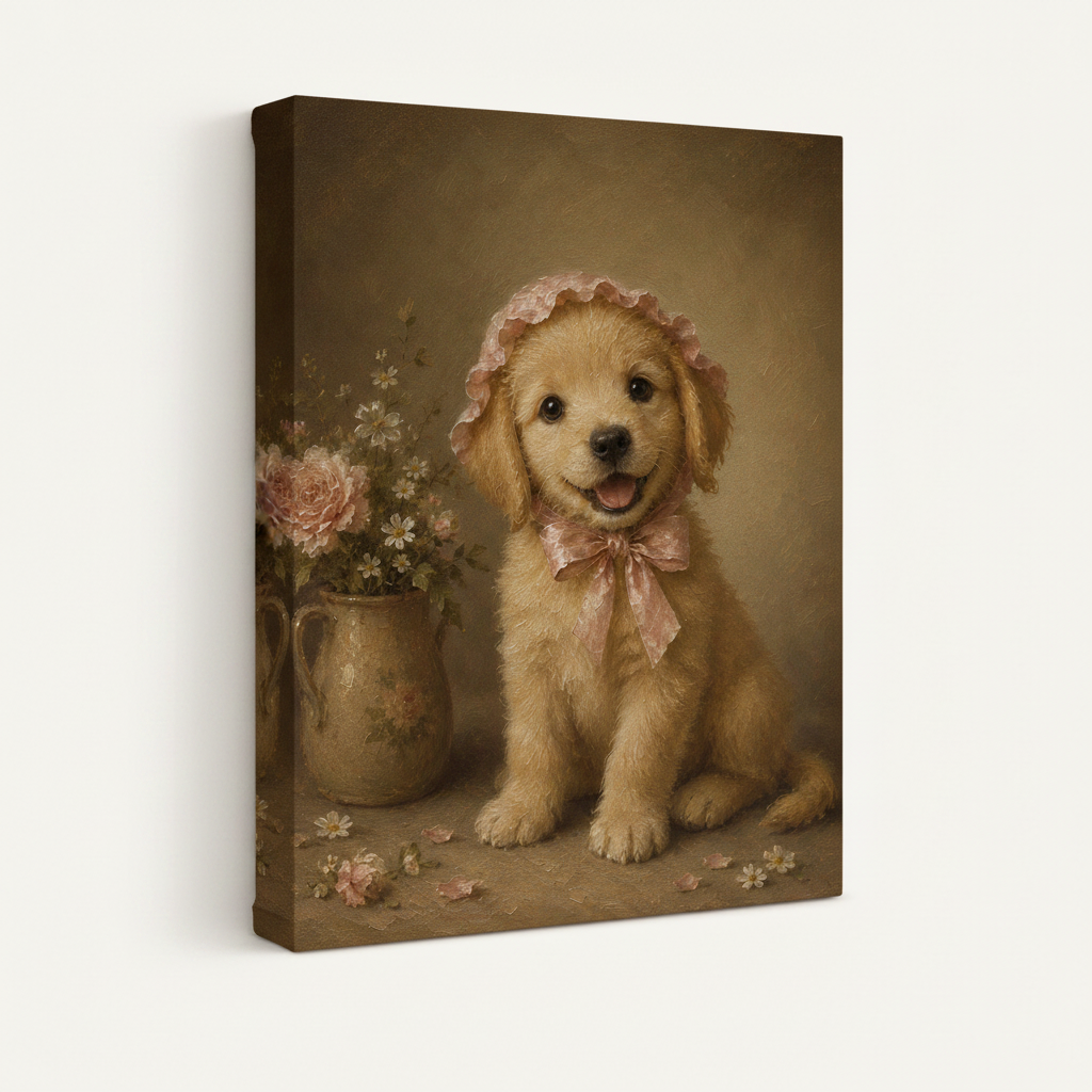 Gallery-wrapped golden puppy Victorian portrait canvas showing warm sepia brown wrap edges, no frame, 3/4 angle