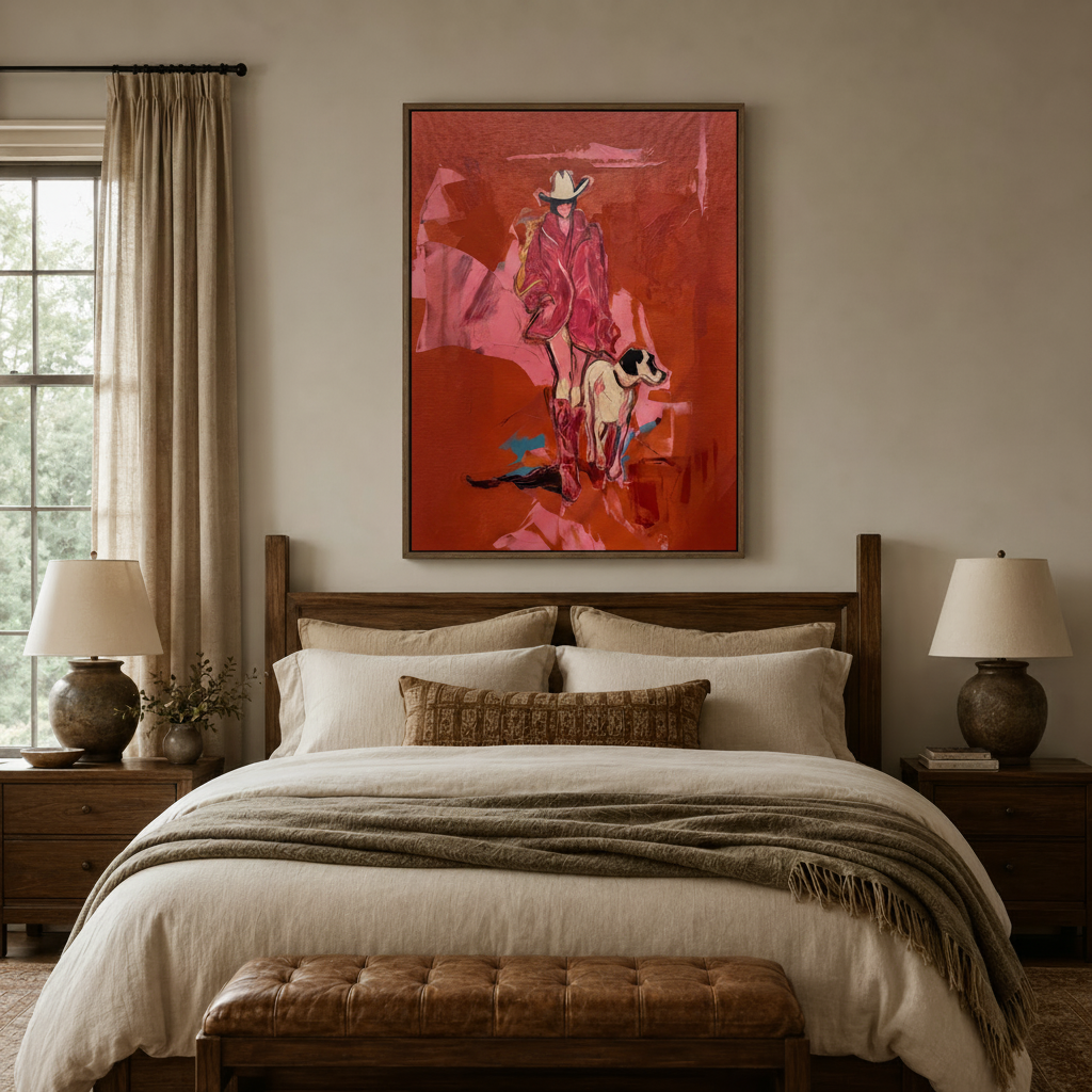 Bold cowgirl and dog canvas wall art above linen bed in cozy bedroom setting