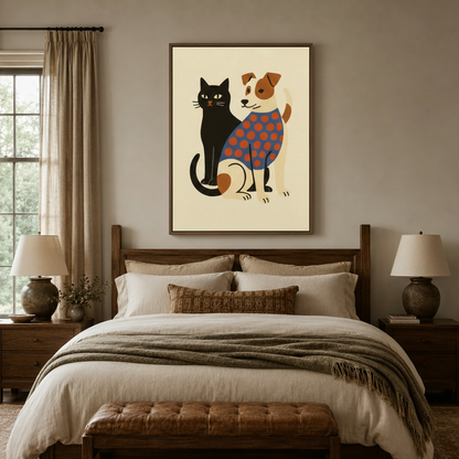 Funny animal canvas print above bed in cozy neutral bedroom with linen bedding
