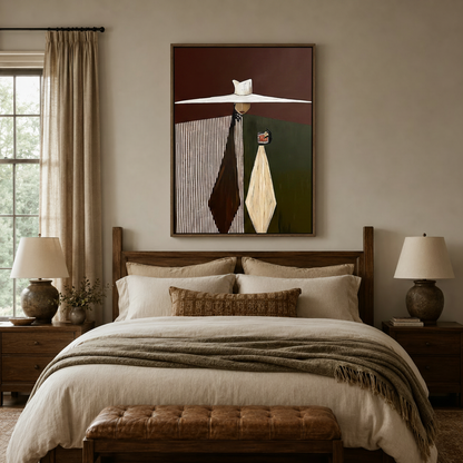 Abstract figurative canvas print with wide-brim hat figure displayed above bedroom headboard