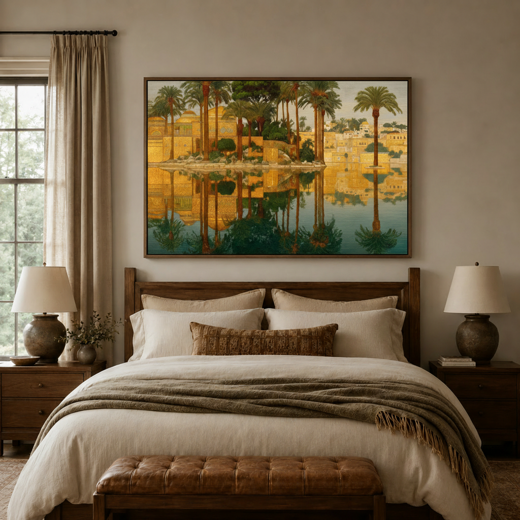 Golden palace reflection canvas art above bed headboard in cozy neutral bedroom