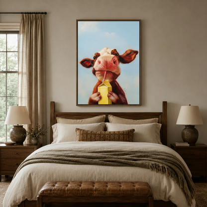 Humorous cow drinking milk oil painting in warm brown float frame centered above bed in a cozy neutral bedroom