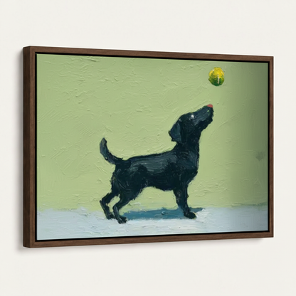 Dark walnut framed black Lab tennis ball canvas print on white background left-angle product view