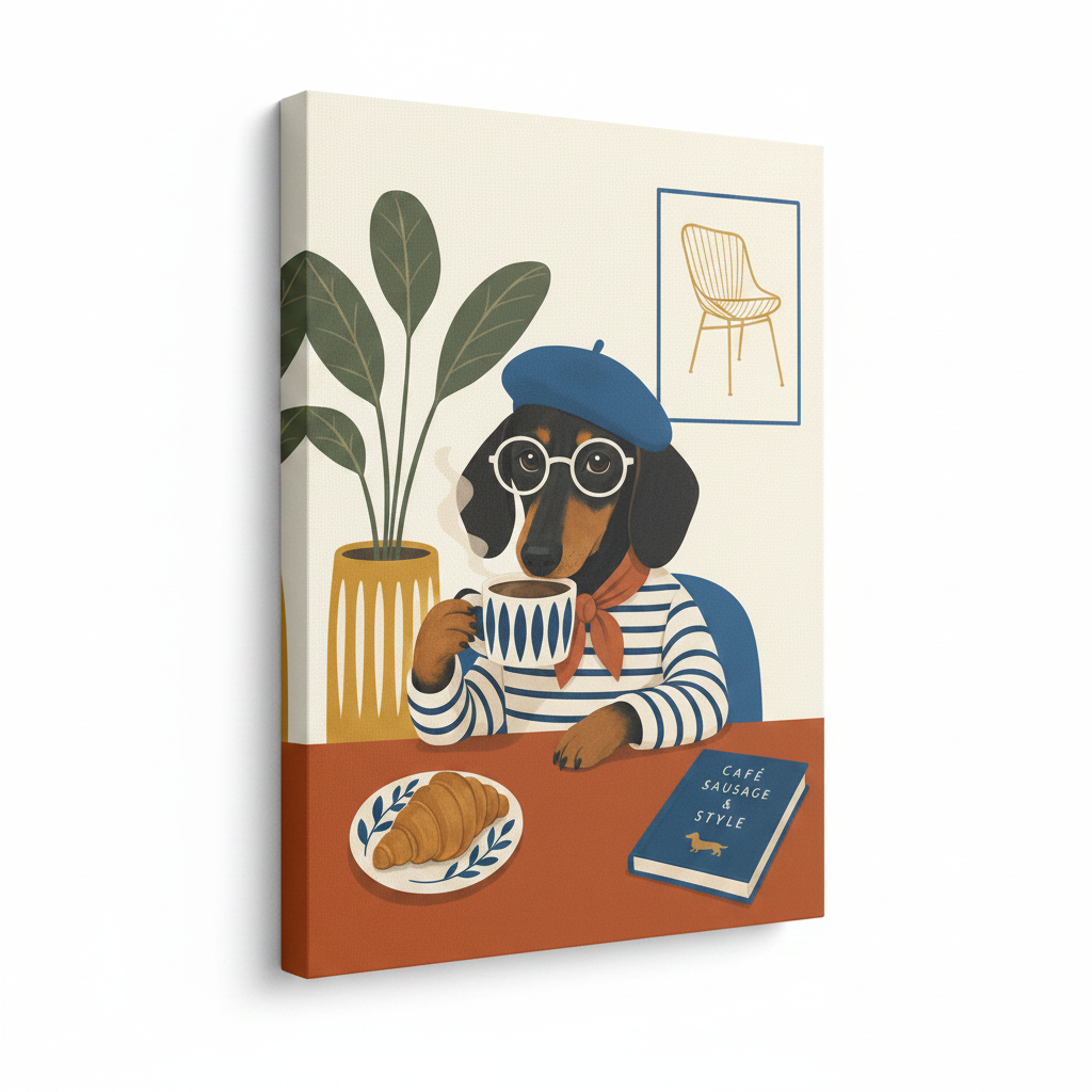 Gallery-wrapped French dachshund café canvas art shown at angle revealing side wrap depth and flat illustration style