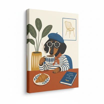 Gallery-wrapped French dachshund café canvas art shown at angle revealing side wrap depth and flat illustration style