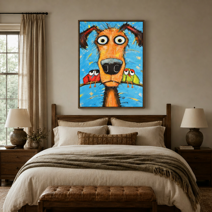 Bold funny animal canvas wall art above bed headboard in a cozy neutral-toned bedroom