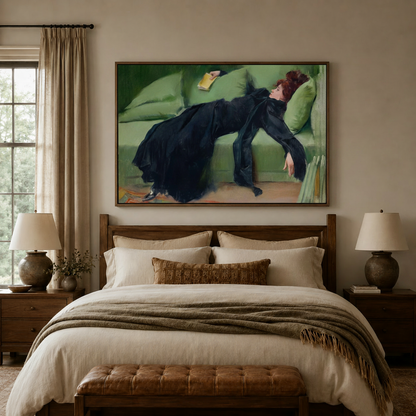 Vintage impressionist woman canvas art in float frame above bed in cozy bedroom interior