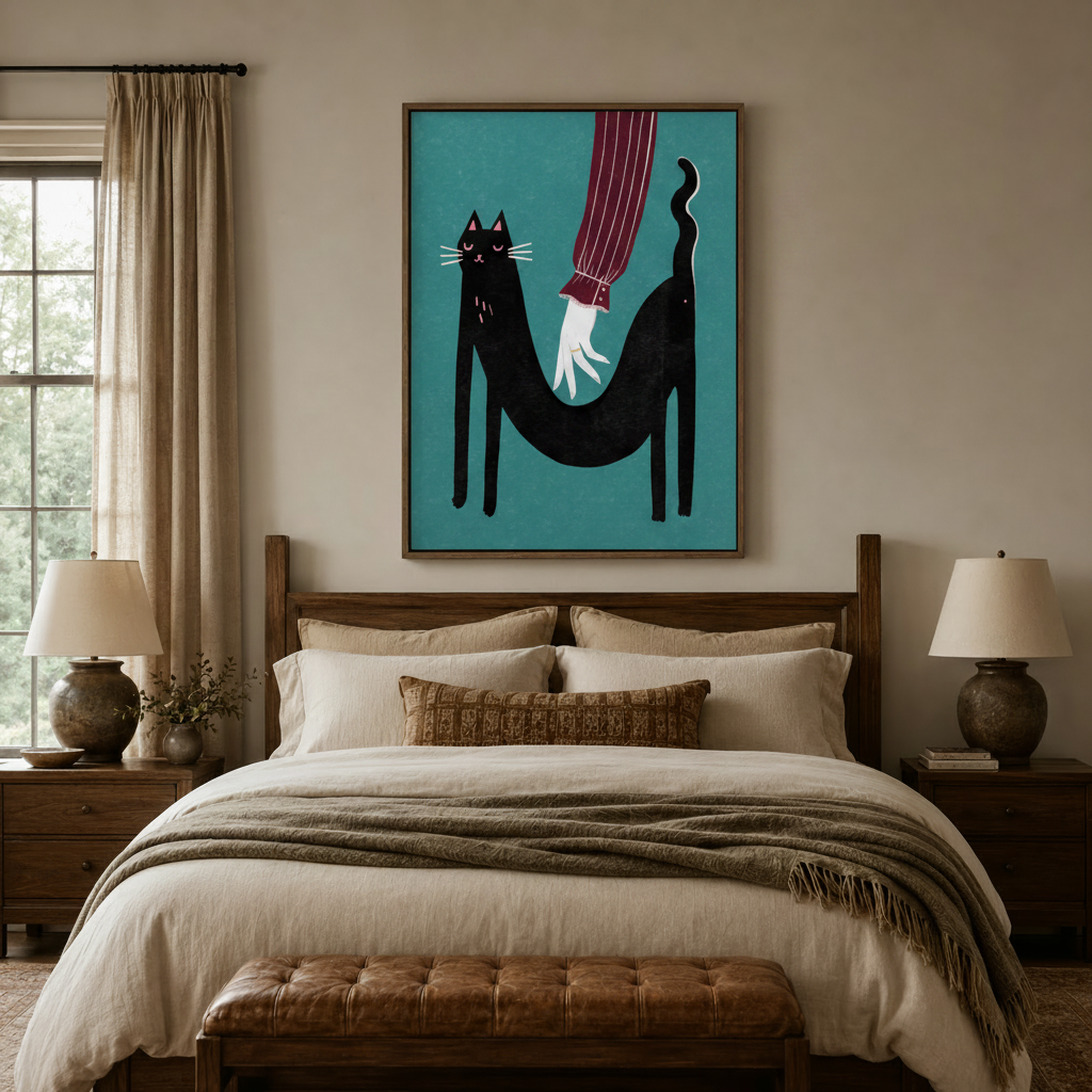 Funny cat shark canvas print in dark walnut float frame centered above bed in neutral bedroom