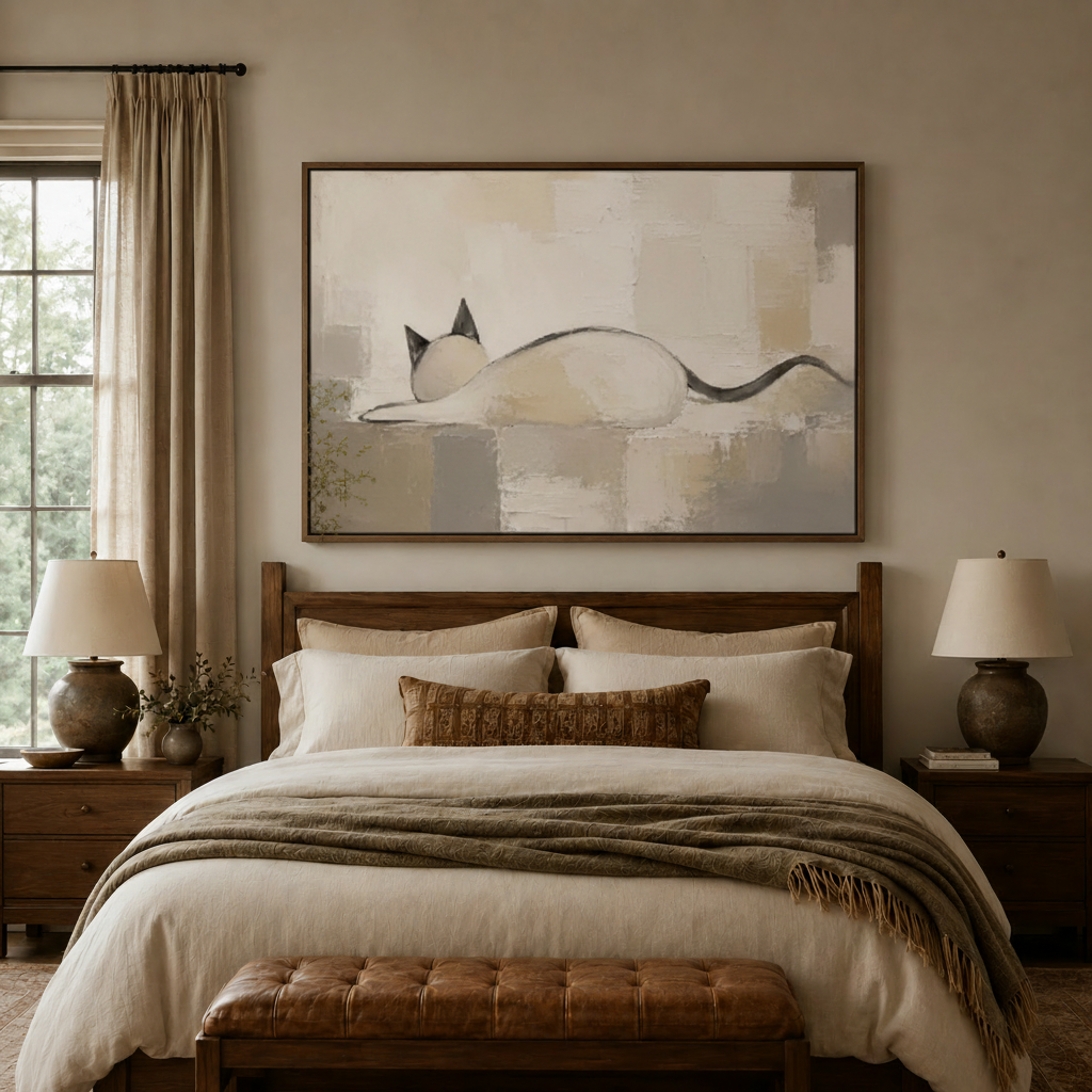 Minimalist cat canvas wall art centered above a bed in a warm neutral bedroom