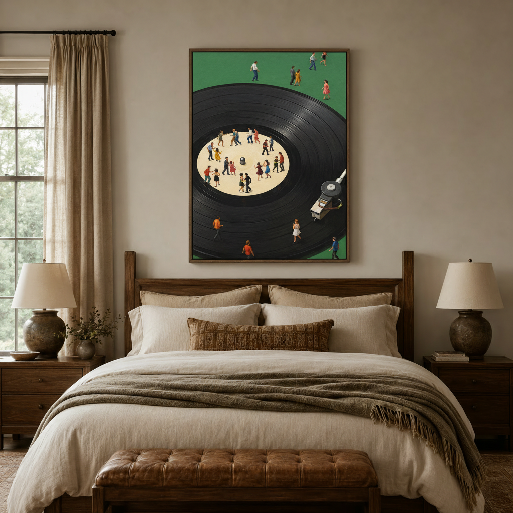 Vinyl record dancing people canvas art above rustic walnut bed frame in cozy neutral bedroom with warm linen bedding