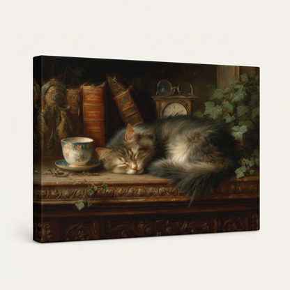 Gallery wrapped gray cat still life Old Master canvas side view deep dark jewel tones wrapping edges