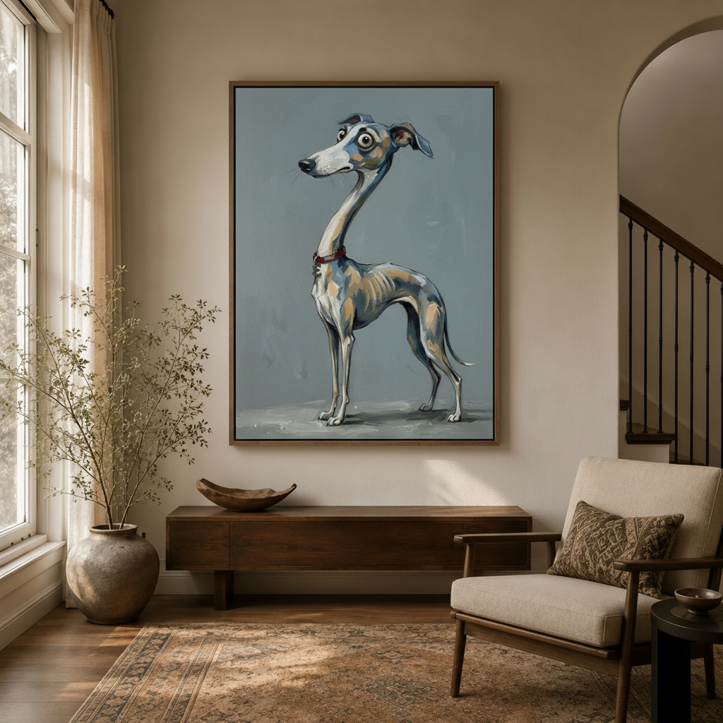 Quirky greyhound dog wall art canvas styled in a warm entryway with arched doorway and console table