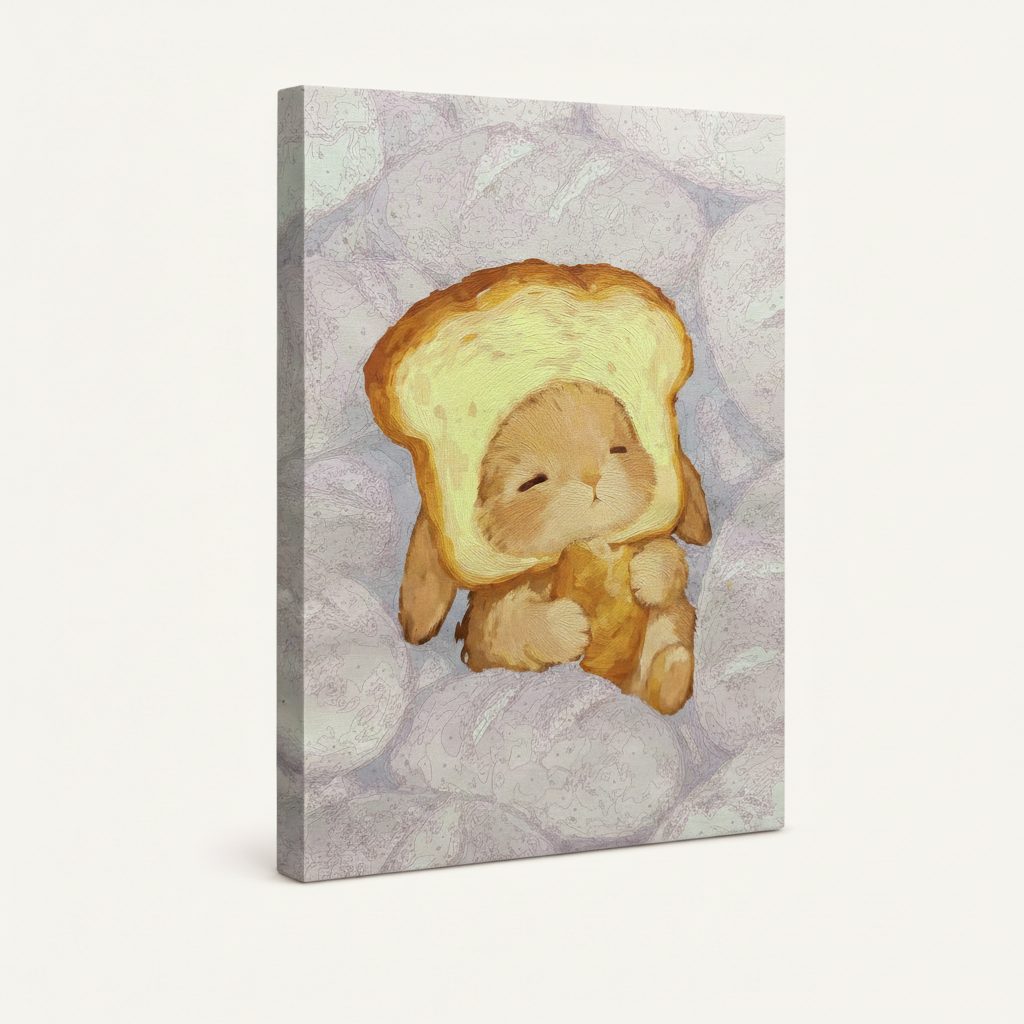 Gallery-wrapped sleeping bunny toast hat canvas showing soft lavender-white wrap edges, no frame, 3/4 angle