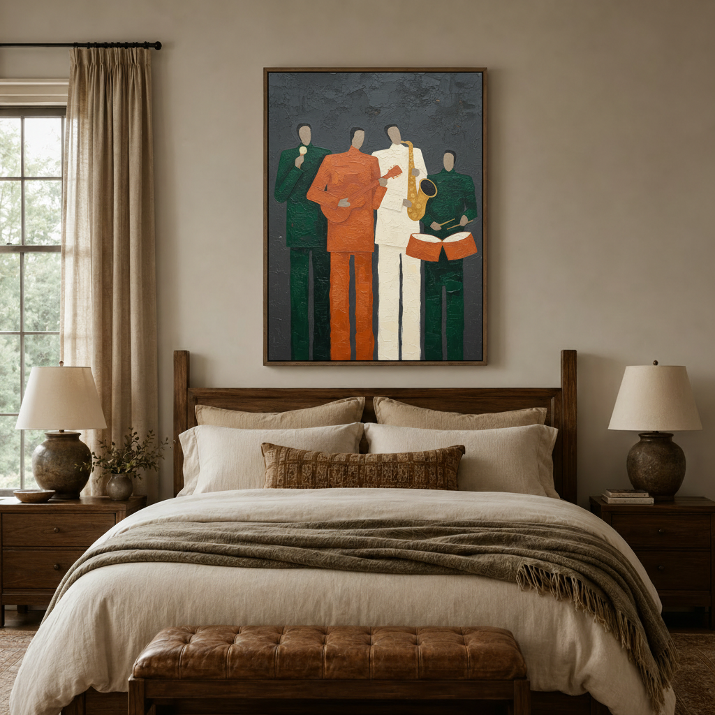 Jazz band impasto oil painting canvas art in dark walnut frame above linen bed in cozy bedroom