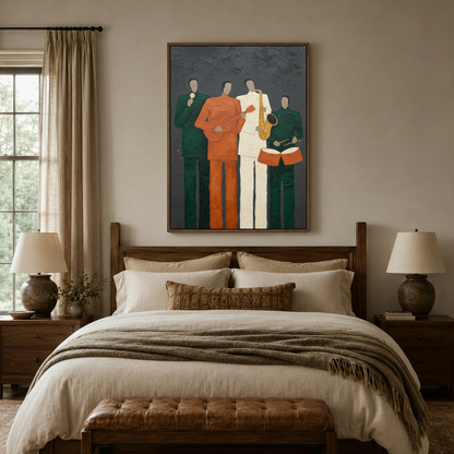 Jazz band impasto oil painting canvas art in dark walnut frame above linen bed in cozy bedroom