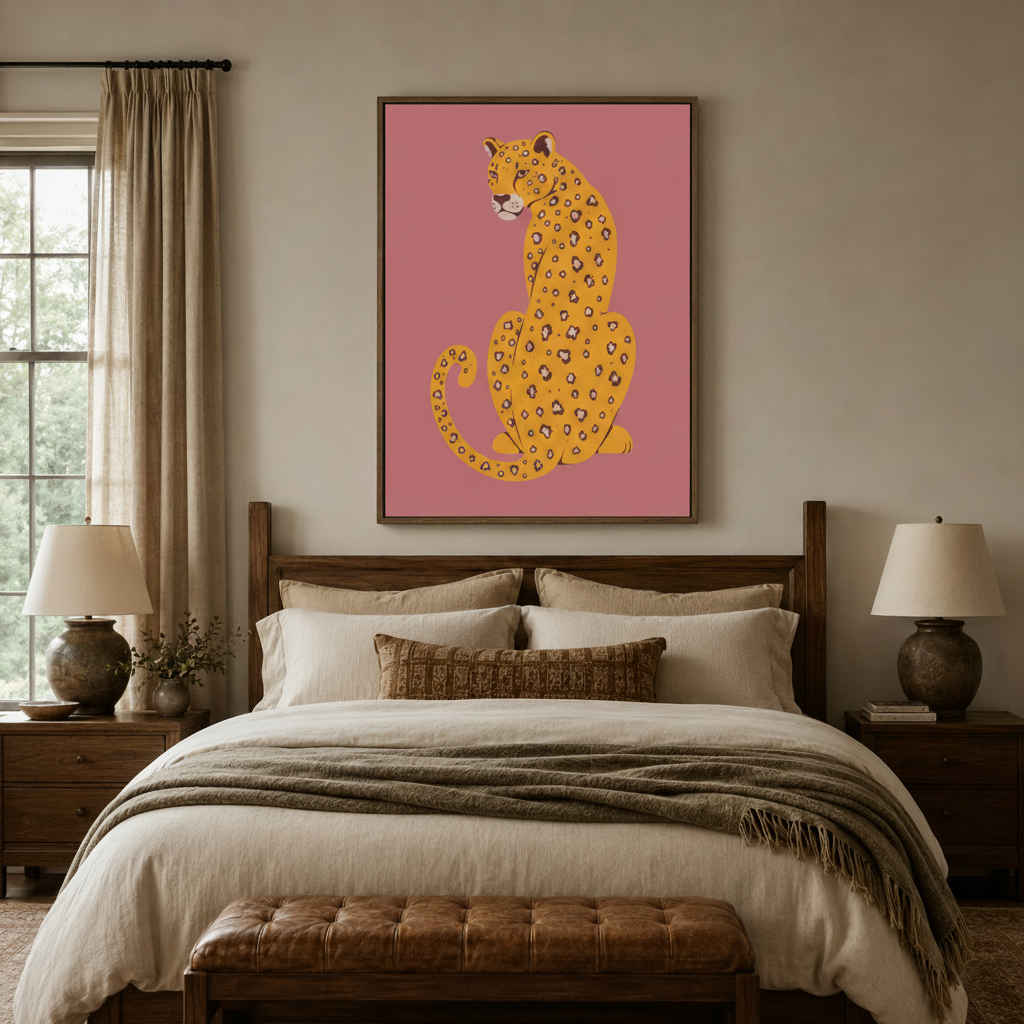 Leopard print canvas art displayed above dark wood bed headboard in warm styled bedroom