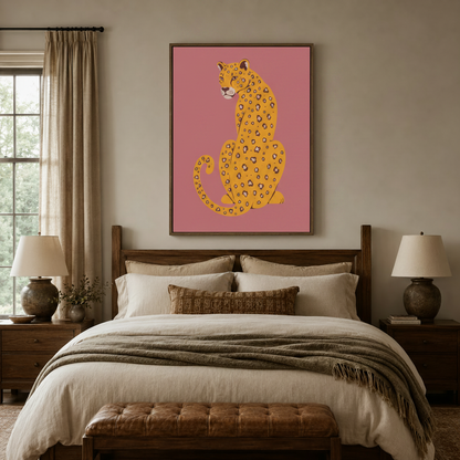 Leopard print canvas art displayed above dark wood bed headboard in warm styled bedroom