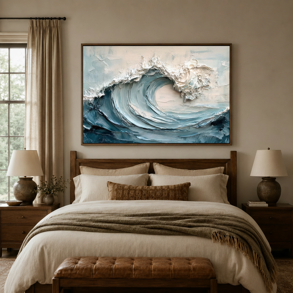 Abstract coastal wave oil painting in dark walnut float frame above bed in neutral bedroom