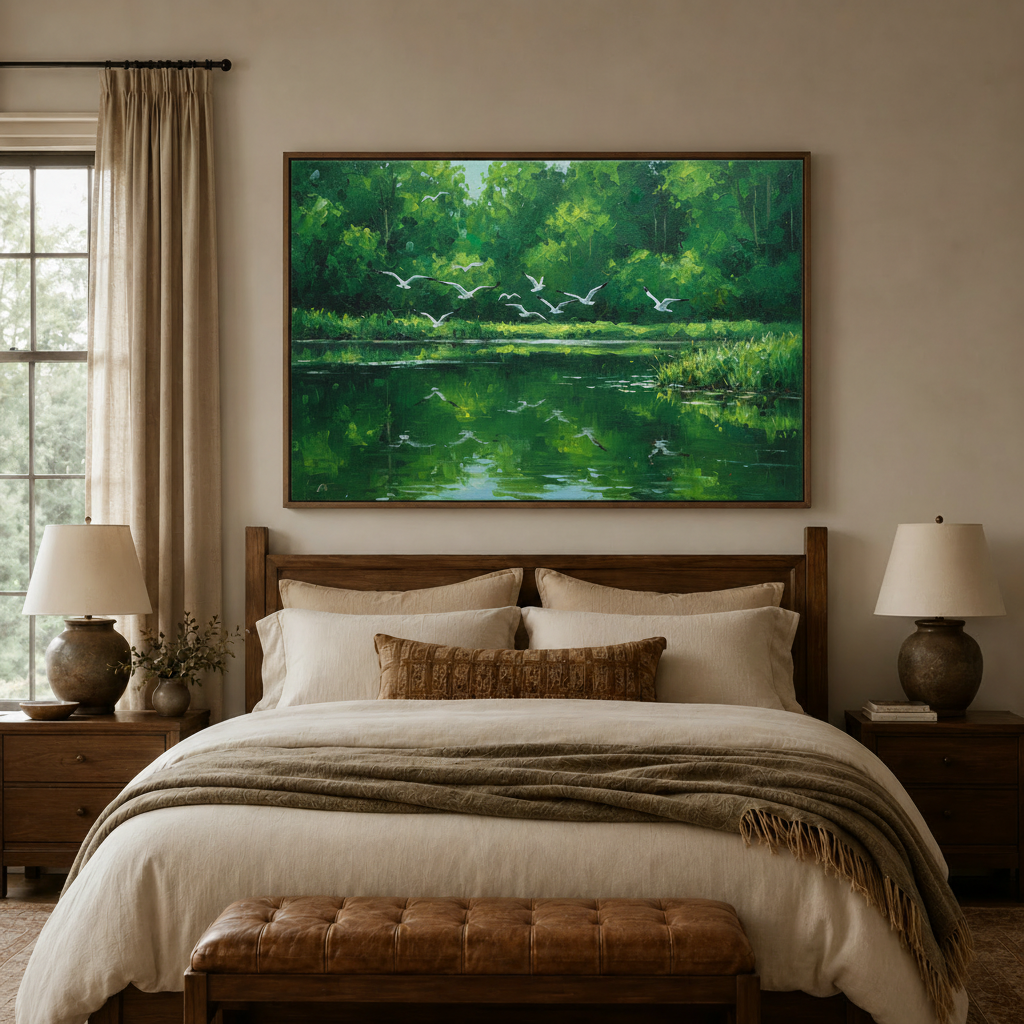 Green pond birds oil painting canvas art above a wooden bed headboard in a warm, neutral bedroom setting