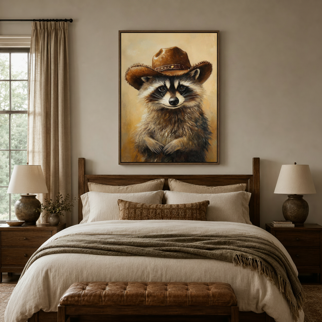 Whimsical animal wall art above a dark wood bed frame in a cozy neutral-toned bedroom