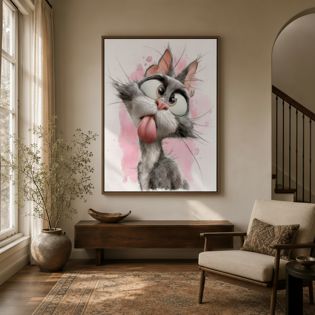 Silly gray cat tongue out cartoon canvas displayed in bright entryway foyer with arched doorway and armchair