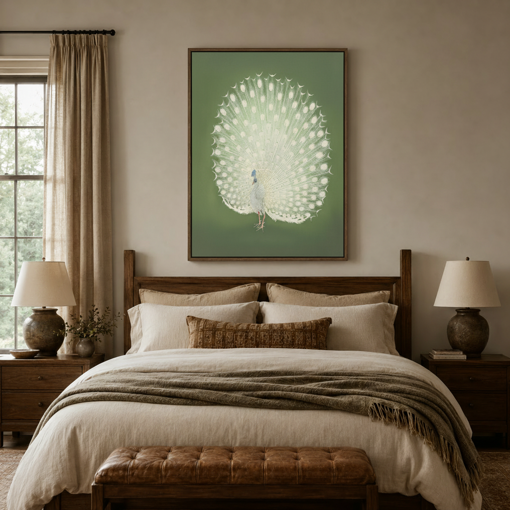 Elegant white peacock canvas wall art displayed above a wooden bed frame in a serene neutral bedroom
