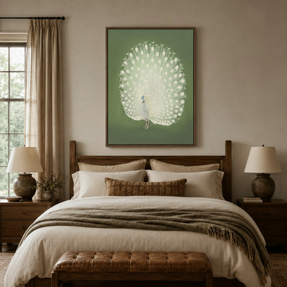 Elegant white peacock canvas wall art displayed above a wooden bed frame in a serene neutral bedroom