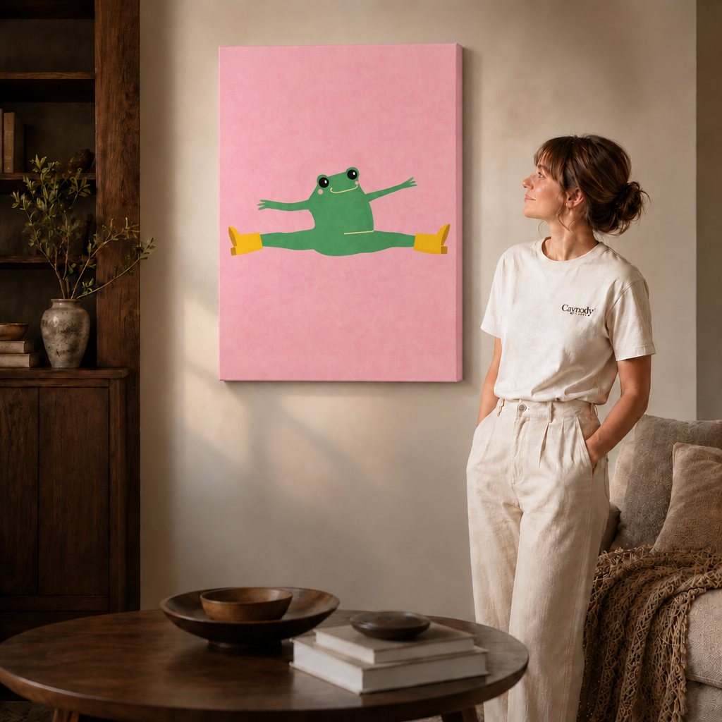Frameless playful frog canvas styled beside a woman in a neutral interior