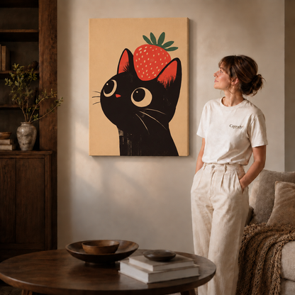 Retro black cat and strawberry canvas displayed in a softly lit contemporary living room.