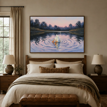Impressionist canvas wall art of white duck at dusk above wooden bed in cozy neutral bedroom