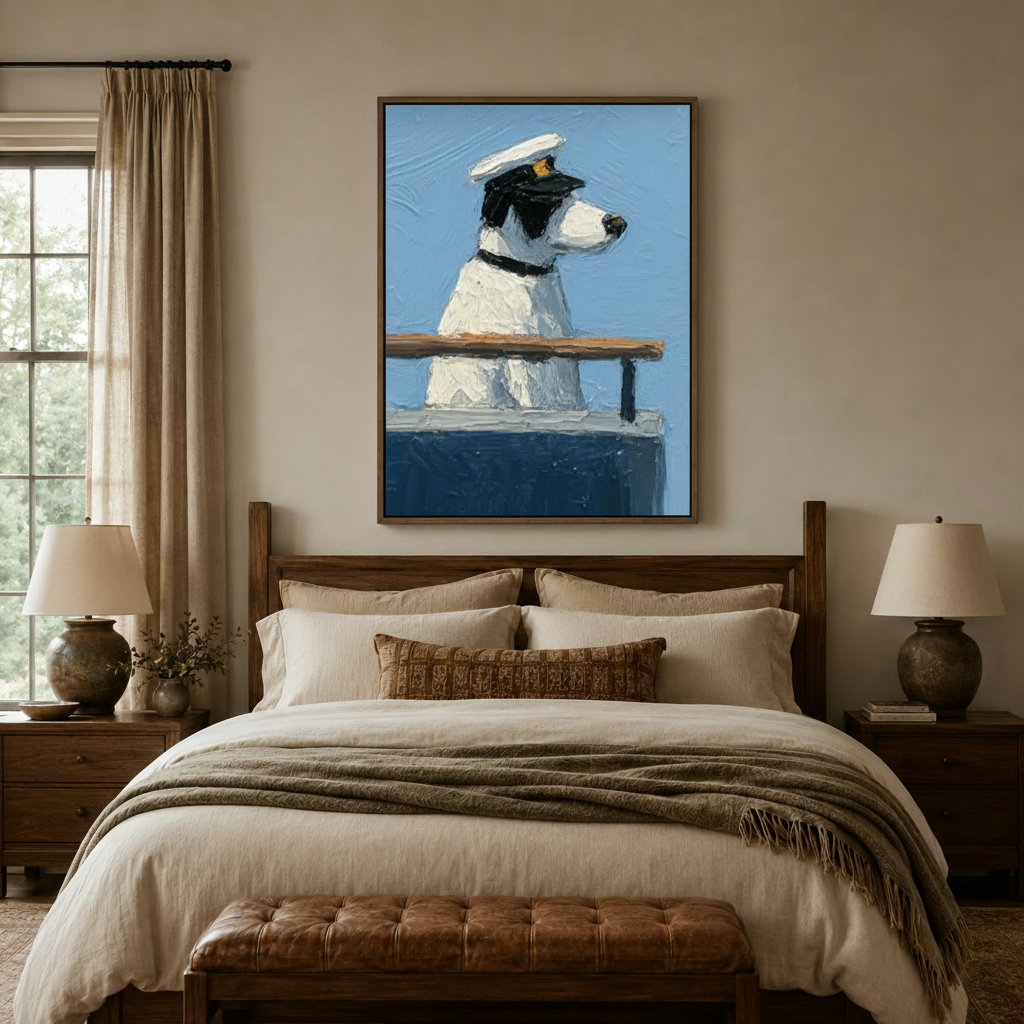 Captain dog in naval hat canvas wall art above linen headboard in cozy neutral bedroom