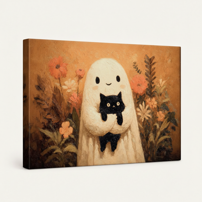 Gallery wrapped ghost holding black cat impasto canvas side view warm amber autumn tones wrapping edges