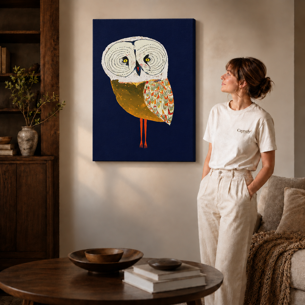 Owl artwork on an unframed canvas beside a woman dressed in white.
