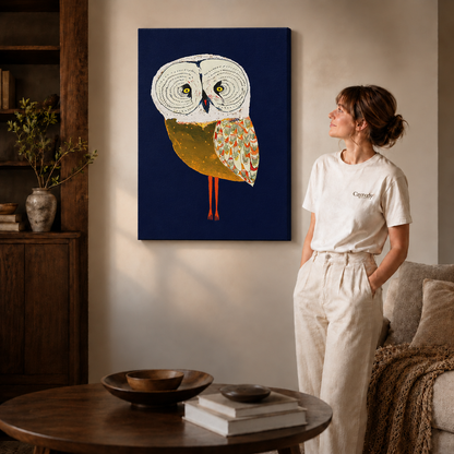Owl artwork on an unframed canvas beside a woman dressed in white.