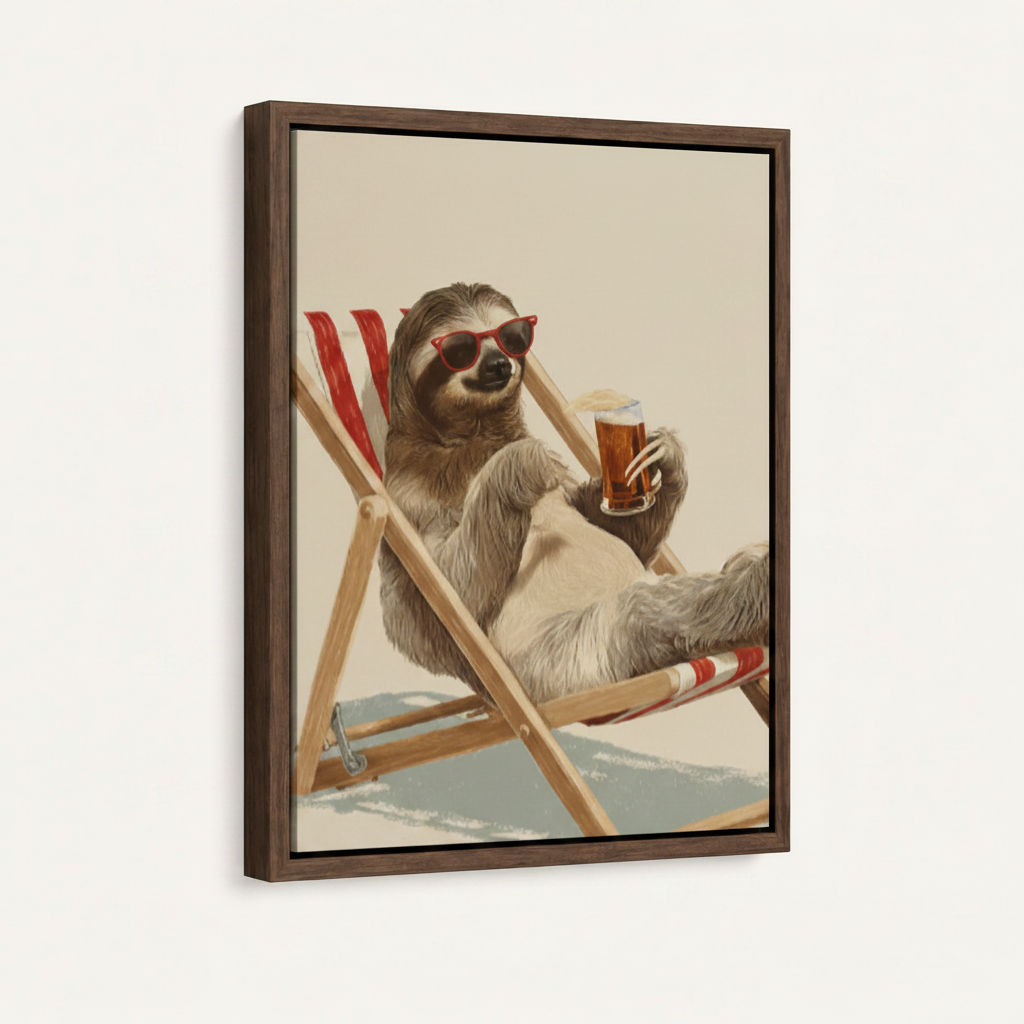 Framed sloth drinking beer wall art in dark walnut float frame, angled product view