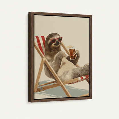 Framed sloth drinking beer wall art in dark walnut float frame, angled product view