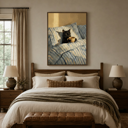 Black cat coffee wall art canvas above bed in cozy bedroom with warm neutral decor