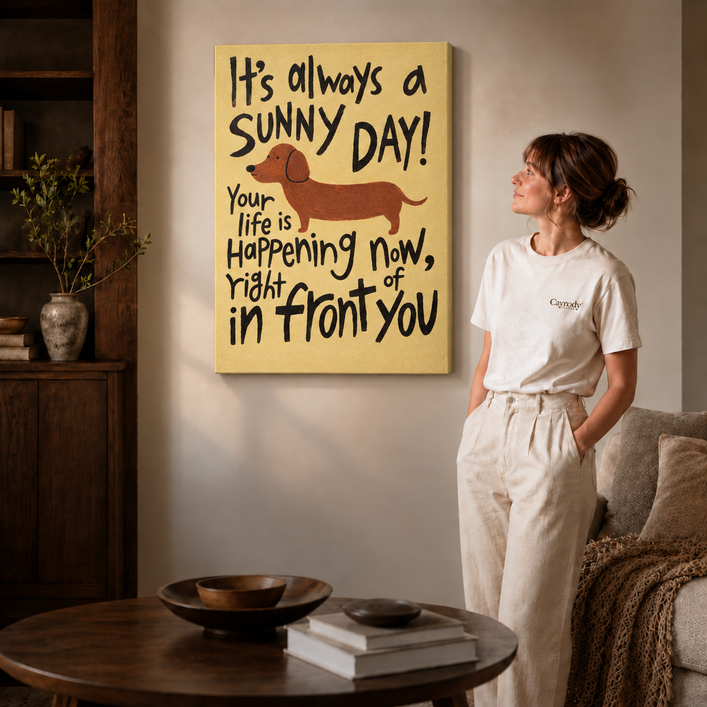 Gallery-wrapped dachshund quote canvas displayed beside a woman in a modern living room