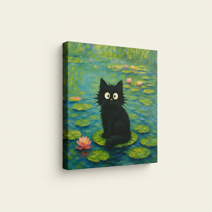 Gallery-wrap canvas of black cat on lily pad in Monet style shown at 30-degree angle without frame