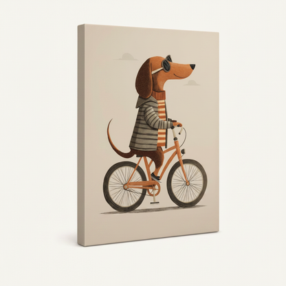 Gallery-wrapped dachshund bicycle illustration canvas with warm cream wrap edges on left side